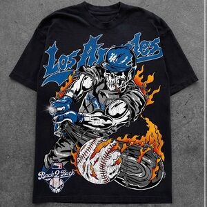 Graphic Black T-Shirt with Blue and Orange Accents